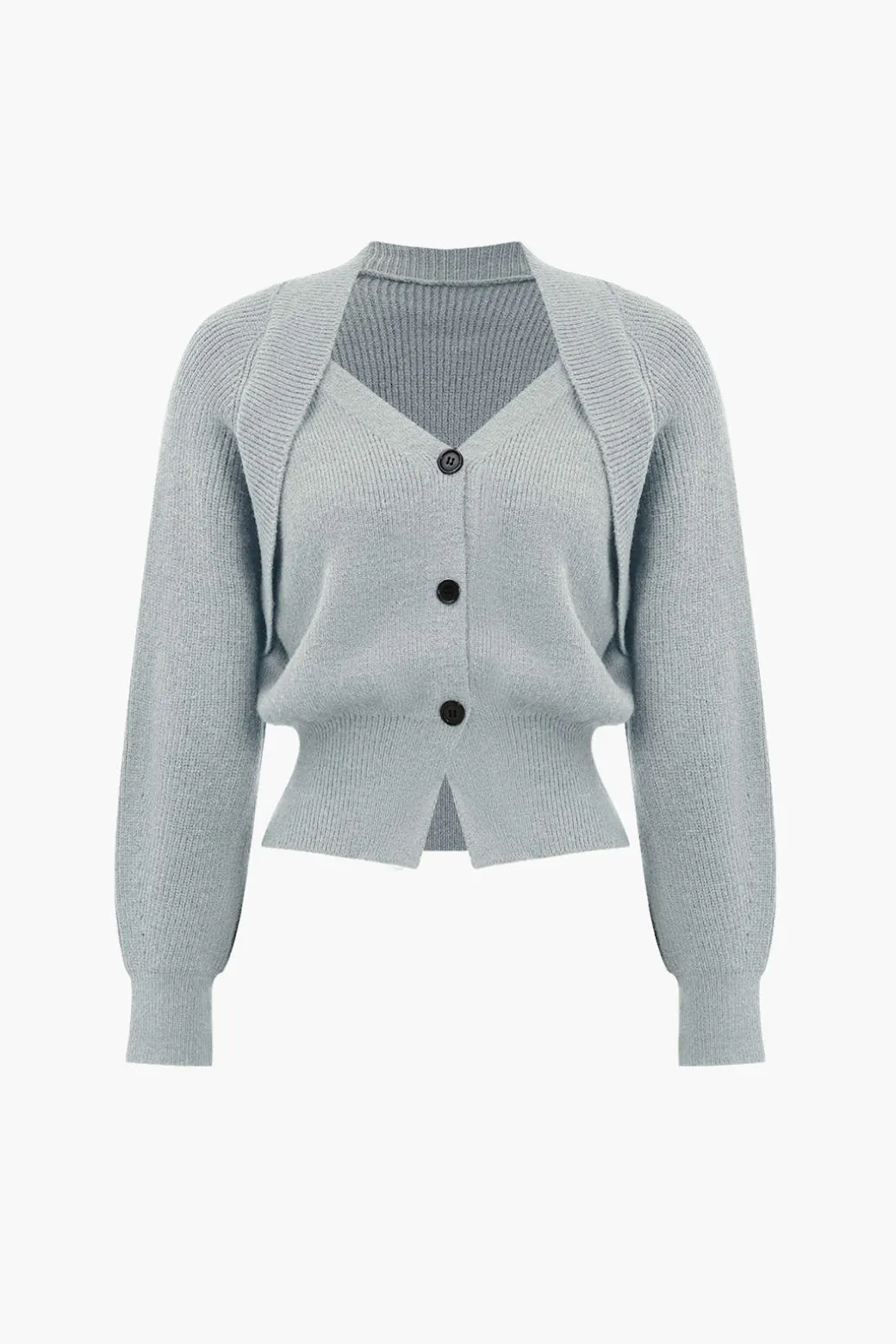 Solid Knit Button V-neck Long Sleeve Cardigan