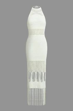 Solid Knit Fringe Cut Out Tie-Up Dress