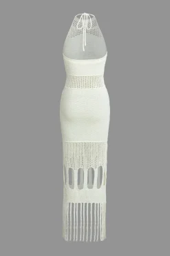 Solid Knit Fringe Cut Out Tie-Up Dress
