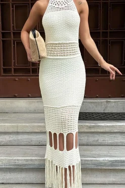 Solid Knit Fringe Cut Out Tie-Up Dress