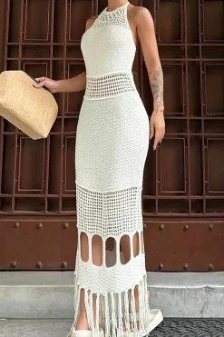 Solid Knit Fringe Cut Out Tie-Up Dress