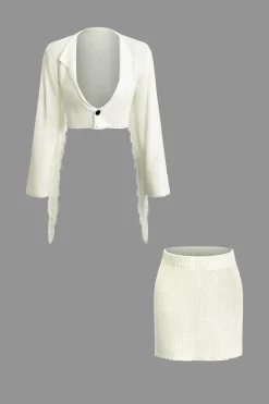 Solid Knit Fringe Long Sleeve Top And Mini Skirt Set