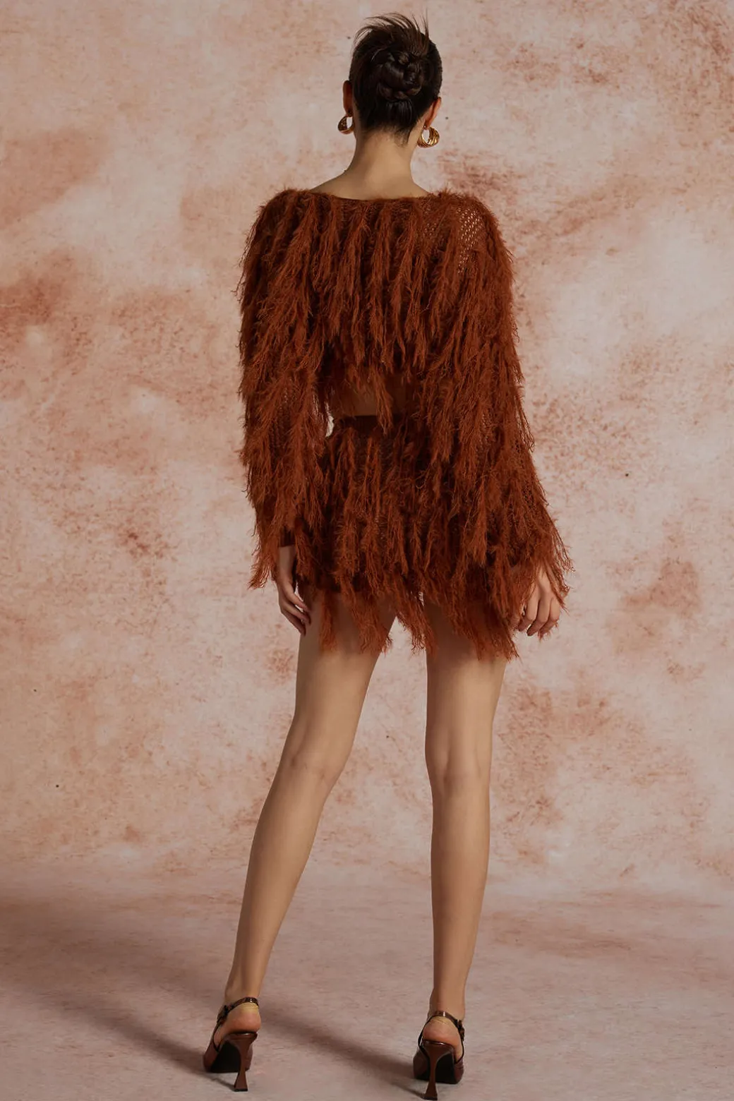 Solid Knit Fringe Long-Sleeve Top And Skirt Set