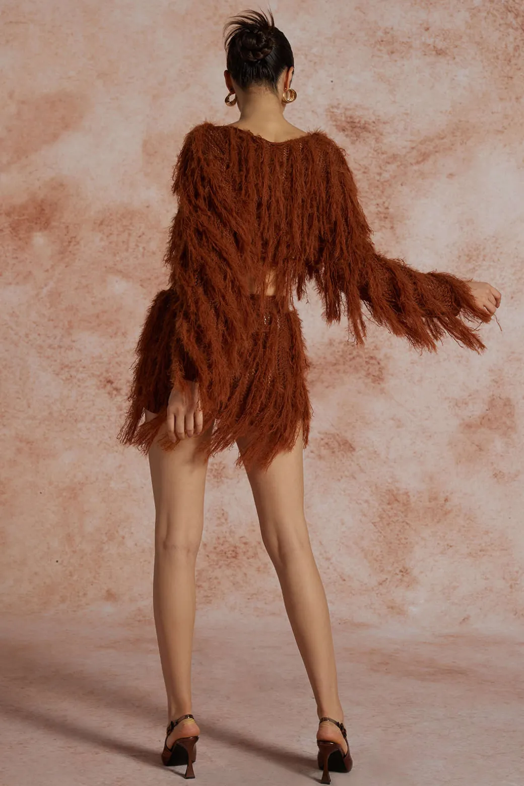 Solid Knit Fringe Long-Sleeve Top And Skirt Set