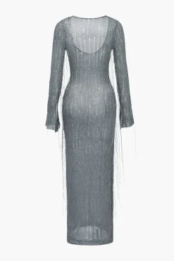 Solid Knit Fringe V-Neck Long Sleeve Maxi Dress
