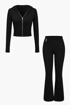 Solid Knit Hooded Top And Asymmetrical Pants Set