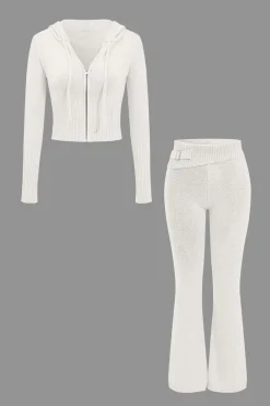 Solid Knit Hooded Top And Asymmetrical Pants Set