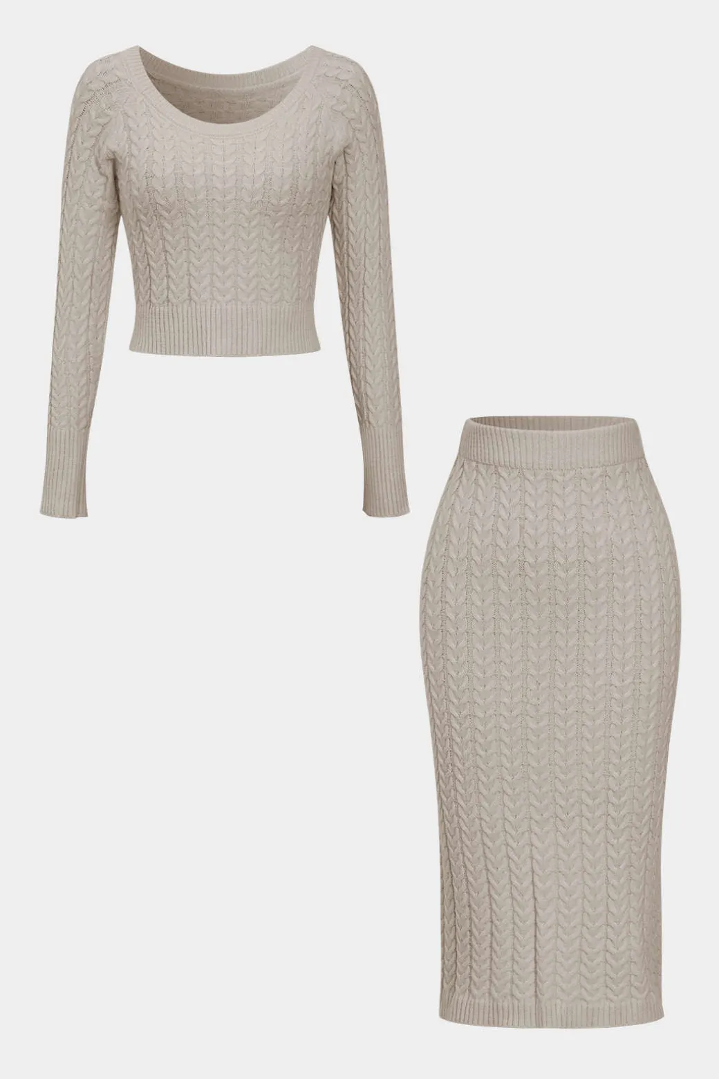 Solid Knit Long Sleeve Top And Slit Skirt Set