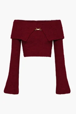 Solid Knit Metallic Off Shoulder Long-Sleeve Top