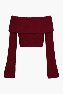 Solid Knit Metallic Off Shoulder Long-Sleeve Top
