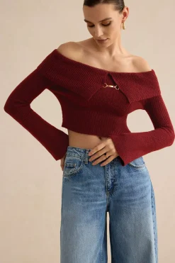 Solid Knit Metallic Off Shoulder Long-Sleeve Top