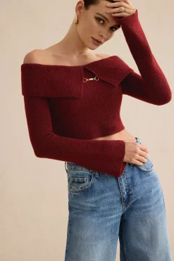 Solid Knit Metallic Off Shoulder Long-Sleeve Top
