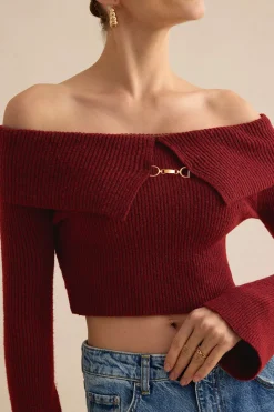 Solid Knit Metallic Off Shoulder Long-Sleeve Top