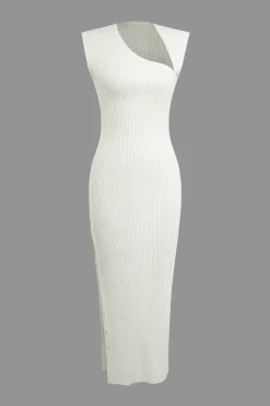 Solid Knit Slit Button Asymmetrical Midi Dress