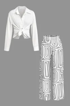 Solid Knot Shirt And Artistic Print Pants Set