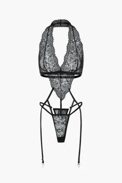 Solid Lace Cut Out Lingerie Garter Set