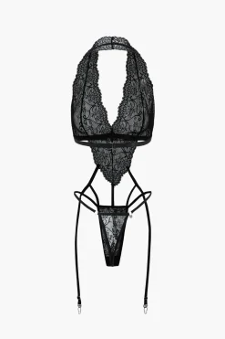 Solid Lace Cut Out Lingerie Garter Set