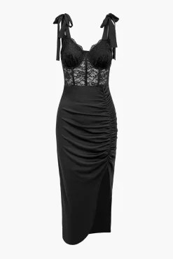 Solid Lace Slit Knotted Sheer Bustier Midi Dress