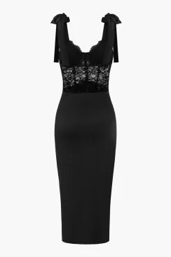 Solid Lace Slit Knotted Sheer Bustier Midi Dress