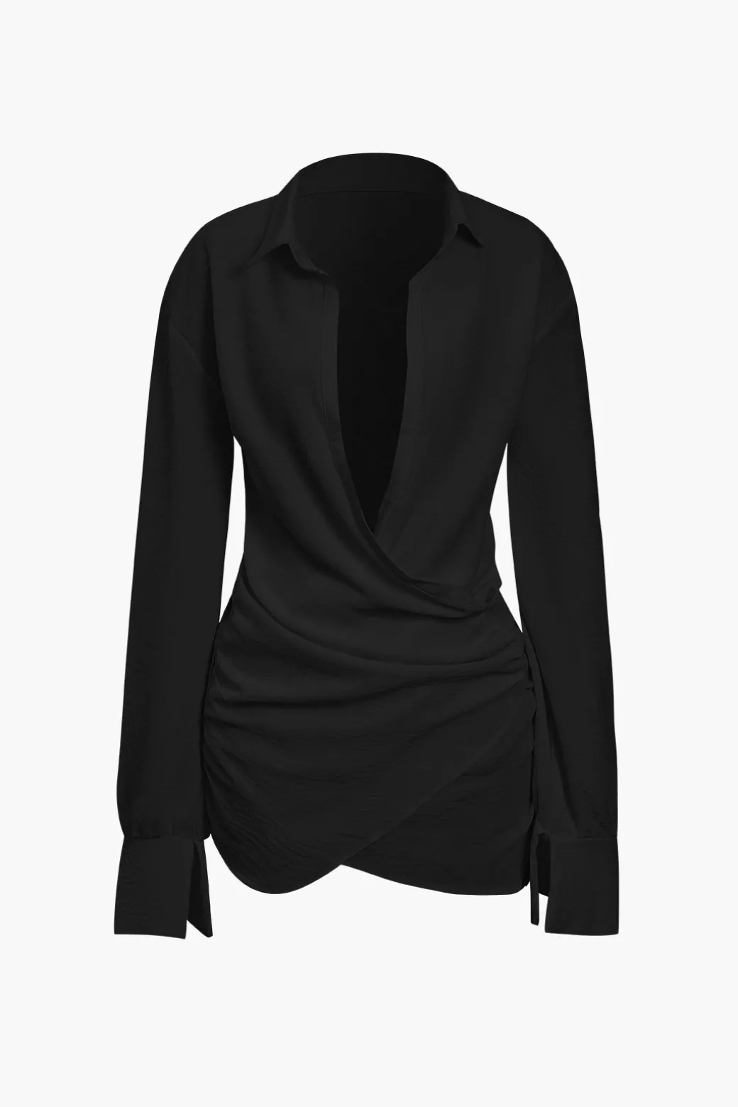 Solid Long Sleeve Deep V Mini Dress