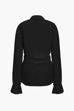 Solid Long Sleeve Deep V Mini Dress