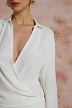 Solid Long Sleeve Deep V Mini Dress