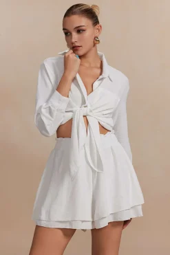 Solid Long-Sleeve Shirt And Ruffle Short Set