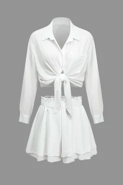 Solid Long-Sleeve Shirt And Ruffle Short Set