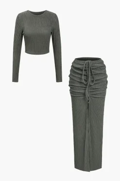 Solid Long-Sleeve Top And Drawstring Skirt Set