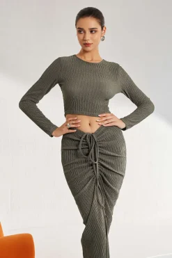 Solid Long-Sleeve Top And Drawstring Skirt Set