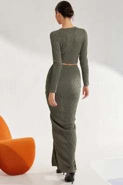 Solid Long-Sleeve Top And Drawstring Skirt Set