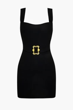 Solid Metallic Buckle Belted Mini Dress