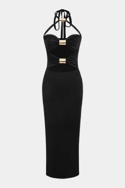 Solid Metallic Cut Out Halter Tie Back Maxi Dress