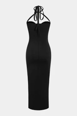 Solid Metallic Cut Out Halter Tie Back Maxi Dress
