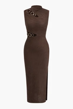 Solid Metallic Tank Cut Out Asymmetrical Midi Dress