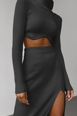 Solid Mock Neck Ribbed Knit Crop Top And Slit Skirt Set