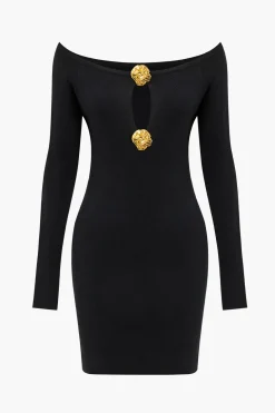 Solid Off Shoulder Button Round Neck Cut Out Mini Dress