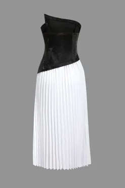 Solid Patchwork Pleated Asymmetrical Maxi Dress
