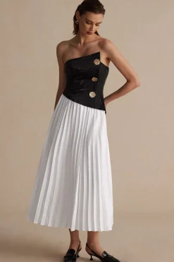 Solid Patchwork Pleated Asymmetrical Maxi Dress