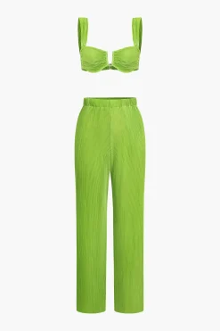 Solid Pleated Crop Bustier Top And Trousers Set