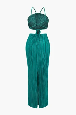 Solid Pleated Slit Maxi Dress