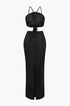 Solid Pleated Slit Maxi Dress