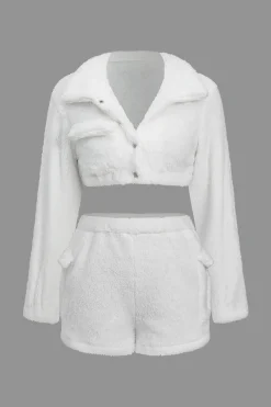Solid Plush Button Pocket Shirt And Shorts Set