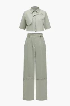 Solid Pocket And Zipper Detail Trouser Set