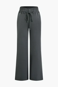 Solid Pocket Drawstring Tie-Up Trousers