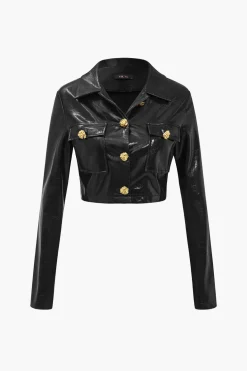 Solid PU Button And Pocket Details Jacket