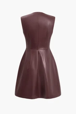 Solid PU Leather Button Mini Dress