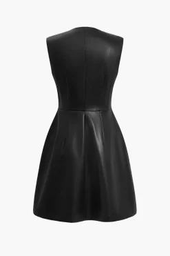 Solid PU Leather Button Mini Dress
