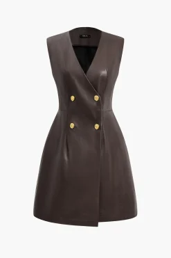 Solid PU Leather Button Mini Dress