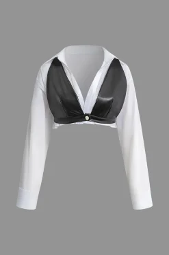 Solid Pu Patchwork Color Block Long-Sleeve Shirt
